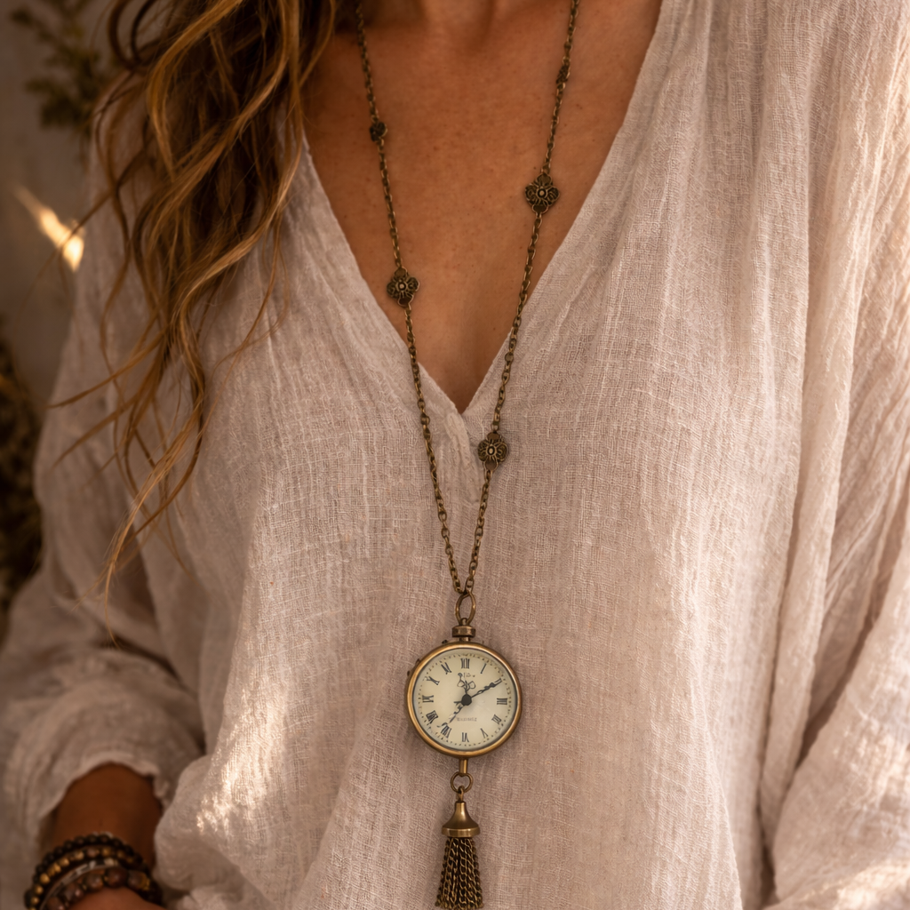 Person wearing a long necklace with a clock pendant, dressed in a light-colored outfit.