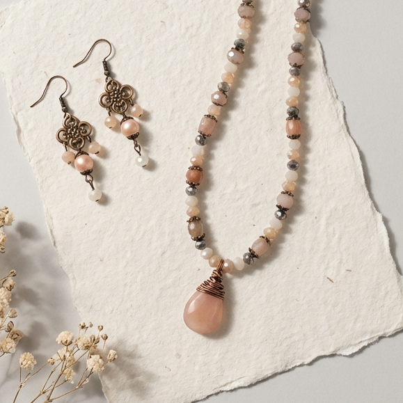 Necklace and earrings with a pink stone on a textured white surface with dried flowers.